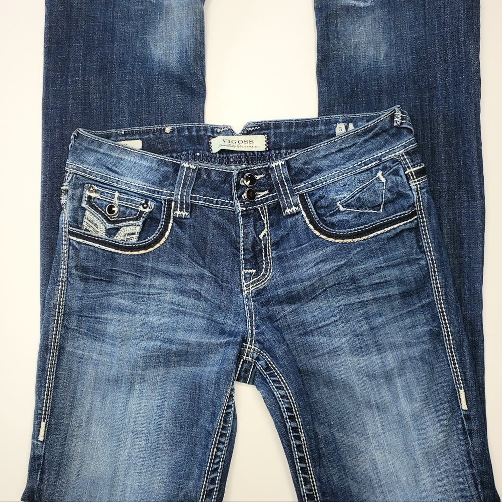 VIGOSS Women Stretch Blue Jeans Slim Bootcut size 5/28 Thick Stitch Rhinestones
